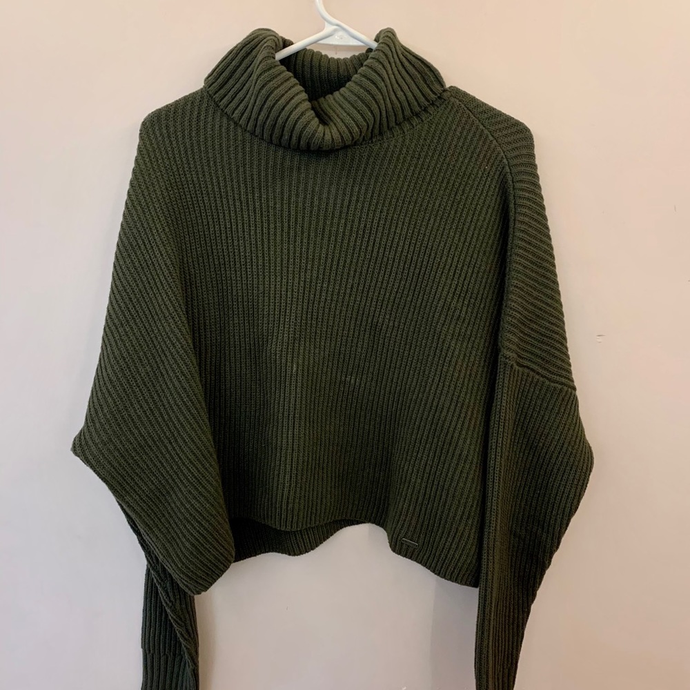 Dark Green Oversized Cropped Turtleneck Sweater